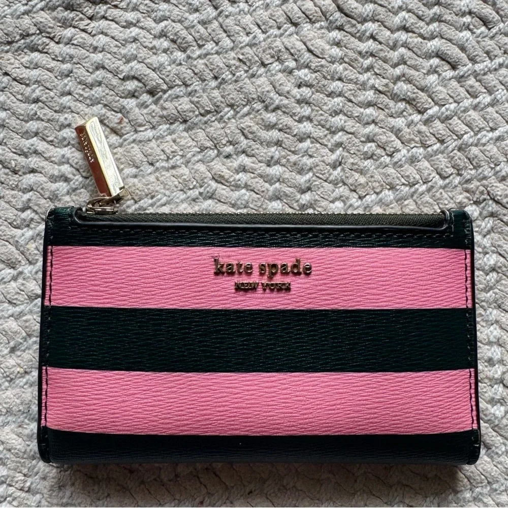 Kate Spade Sylvia Pink and Green Stripe Bifold Wallet